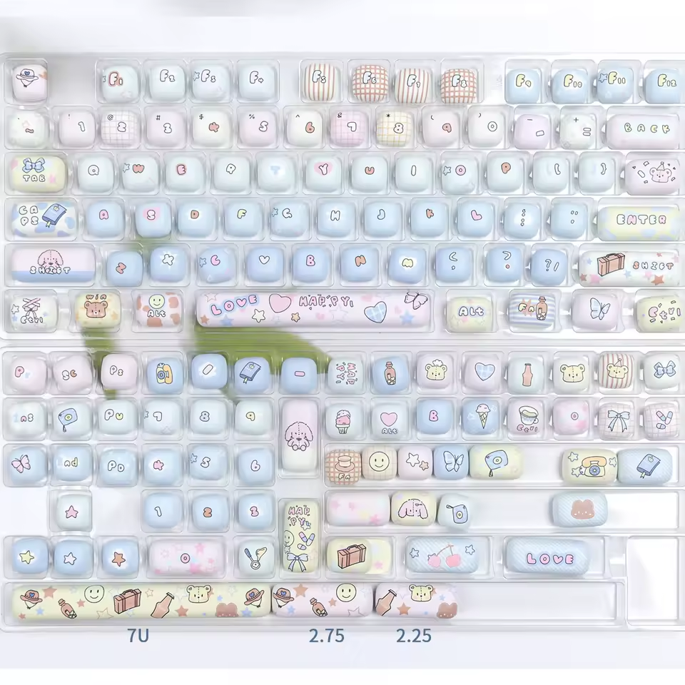 Original supplier reference showing all Playroom Blue keycaps and extra keys included in the set