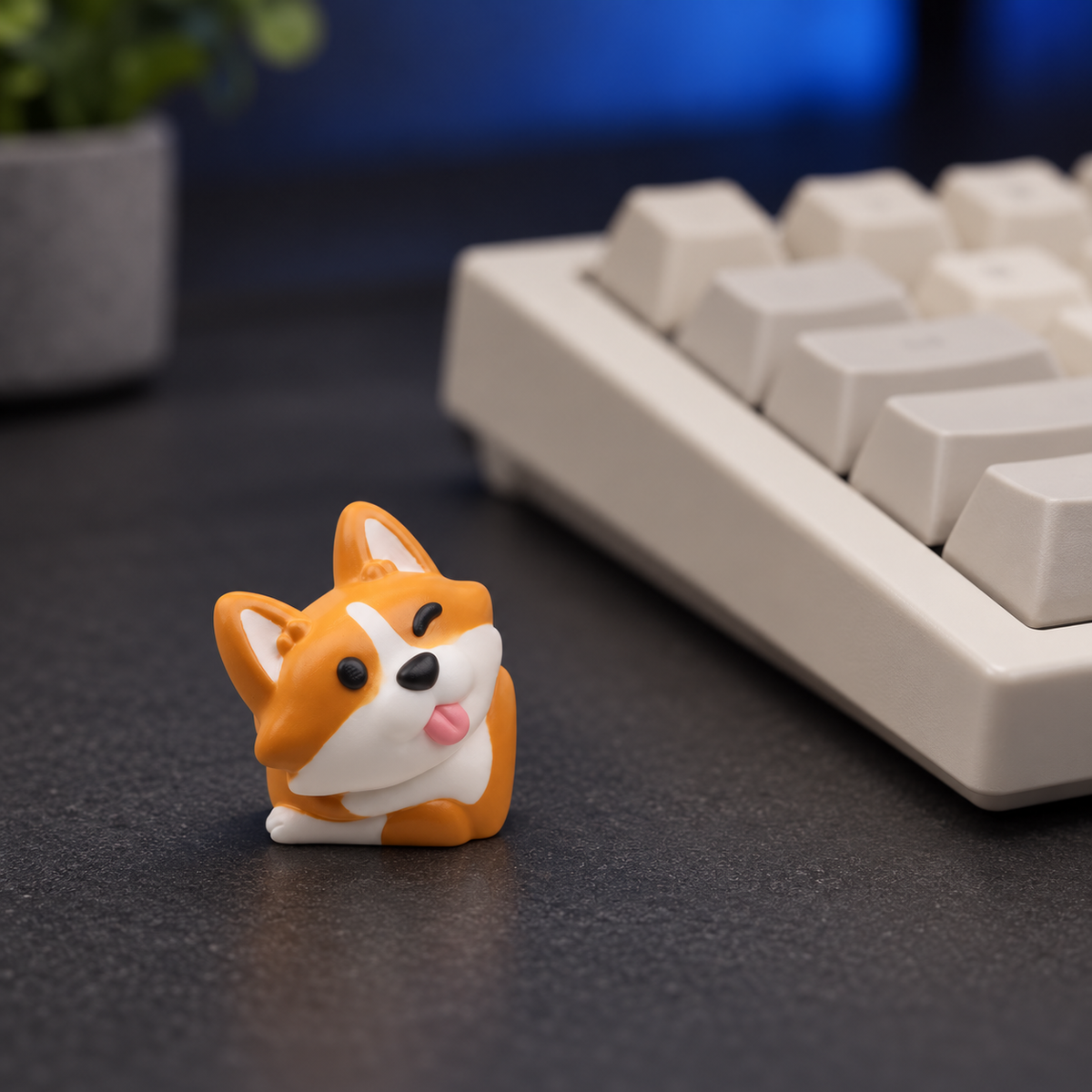 Corgi Charm keycap on a charcoal desk beside a keyboard, shown for styling inspiration. One keycap is included.