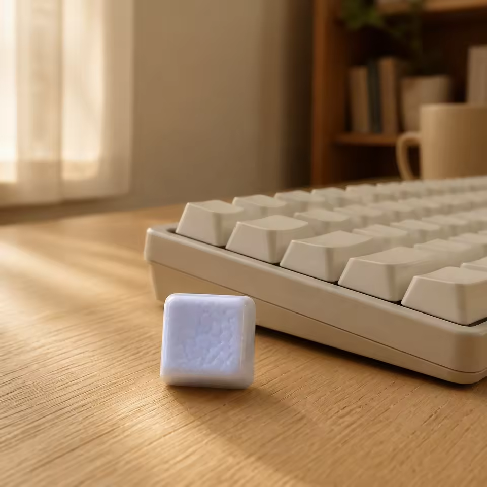 Supplier image of the Glaze Accent keycap beside a keyboard on a wooden desk. Keyboard and other props are not included.