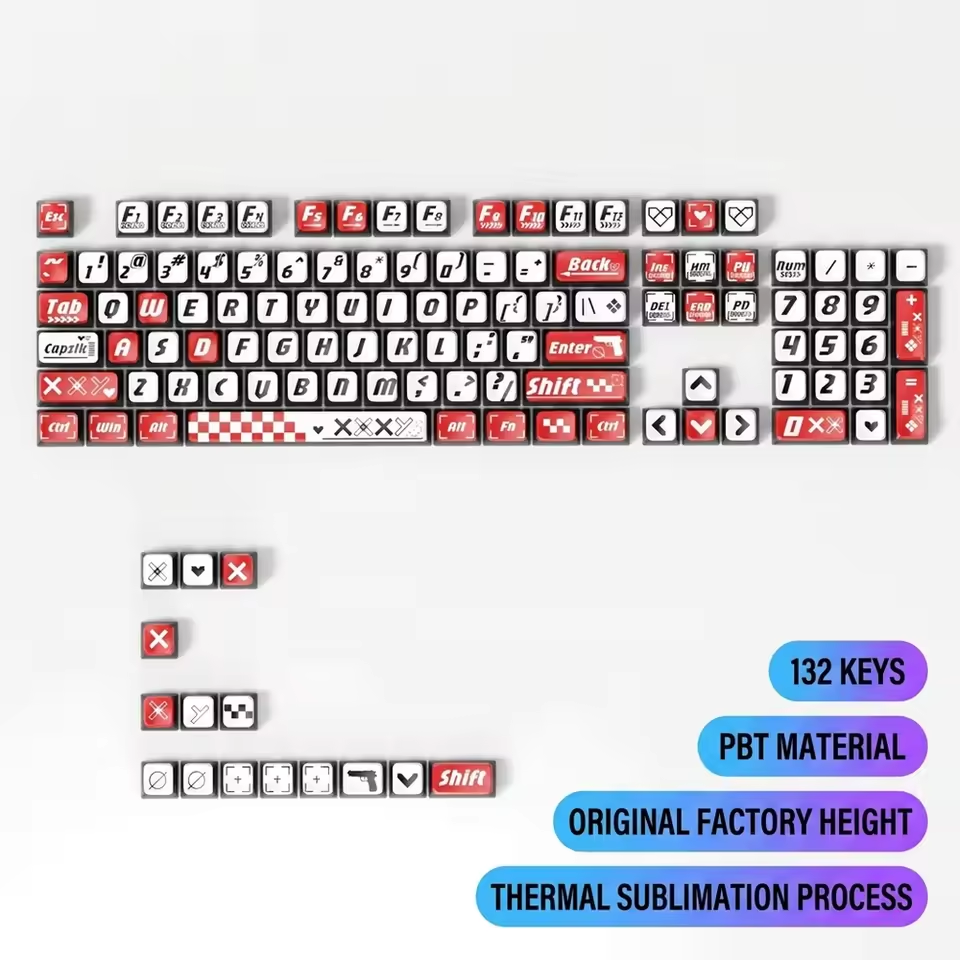 Supplier key map for Signal Red showing the main layout and extra accent and modifier keys, with supplier labels for 132 keys and PBT material.