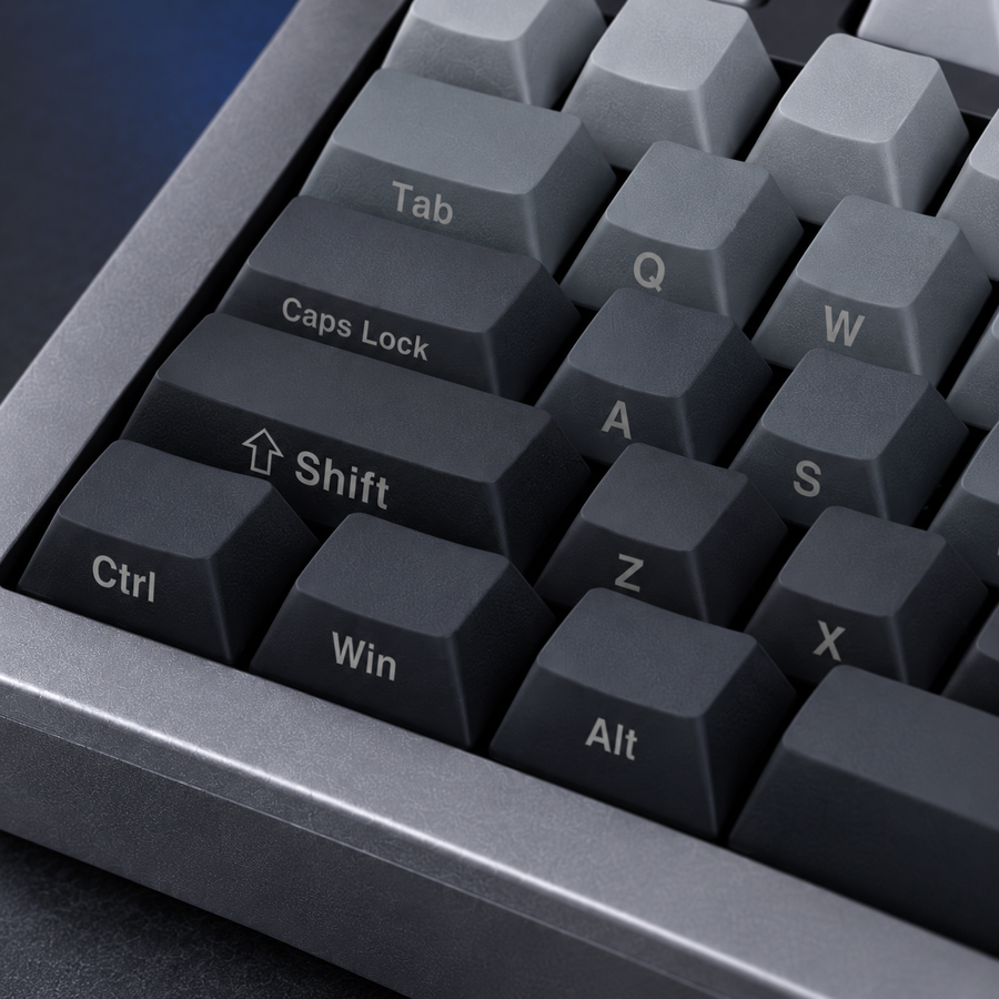 Color Drift close-up of side-printed legends and grey sculpted keycaps.