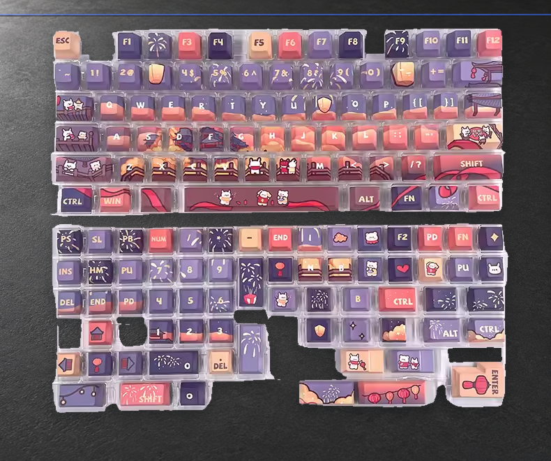 Firework Nights PBT keycap set, full kit with violet, cream and warm illustrated accent keys.
