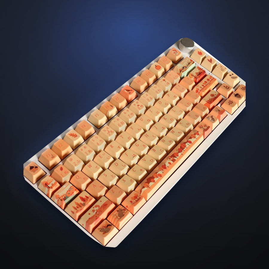 Autumn Trail keycap set on a keyboard. Keyboard not included.