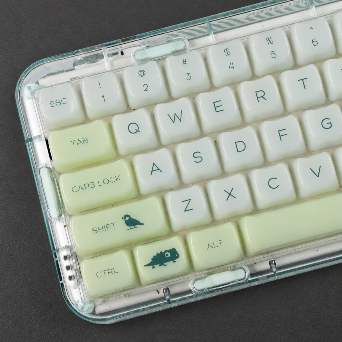 Jade Canopy pale green translucent MAO keycaps with botanical animal motifs, keyboard close-up on a charcoal surface. Keyboard is not included.