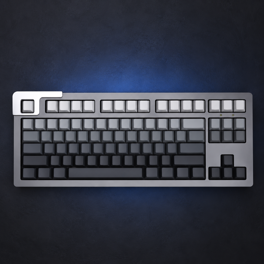 Color Drift grey gradient keycaps, overhead studio view on a silver keyboard. Keyboard not included.