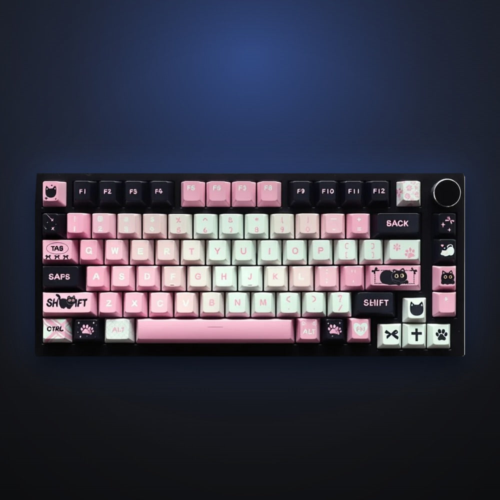 Cool Cat Club keycap set on a keyboard. Keyboard not included.