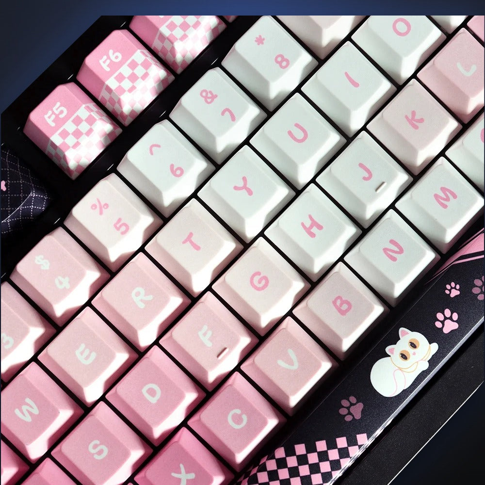 Close-up of Cool Cat Club pink and white alpha keys. Keyboard not included.