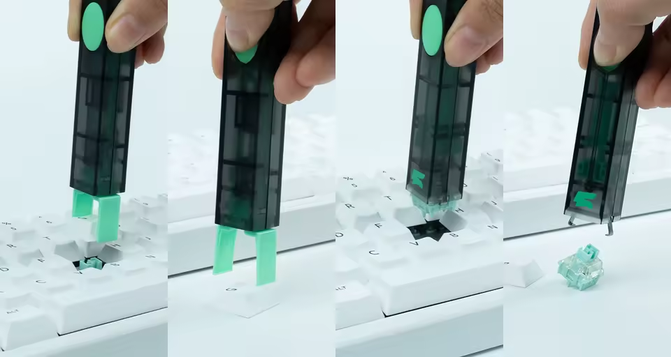Supplier demonstration of the two puller ends removing a keycap and a switch; keyboard, keycaps and switches are not included.