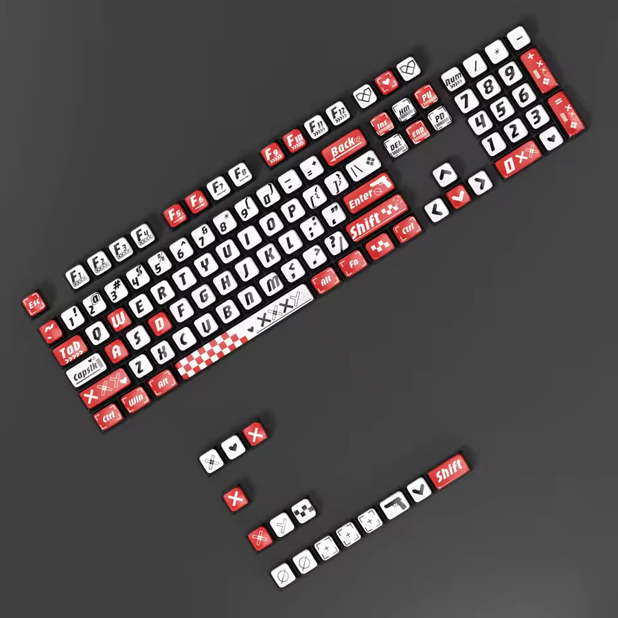 Supplier illustration of the Signal Red keycap set arranged on a dark background, with red and white tops, black sides and graphic legends.