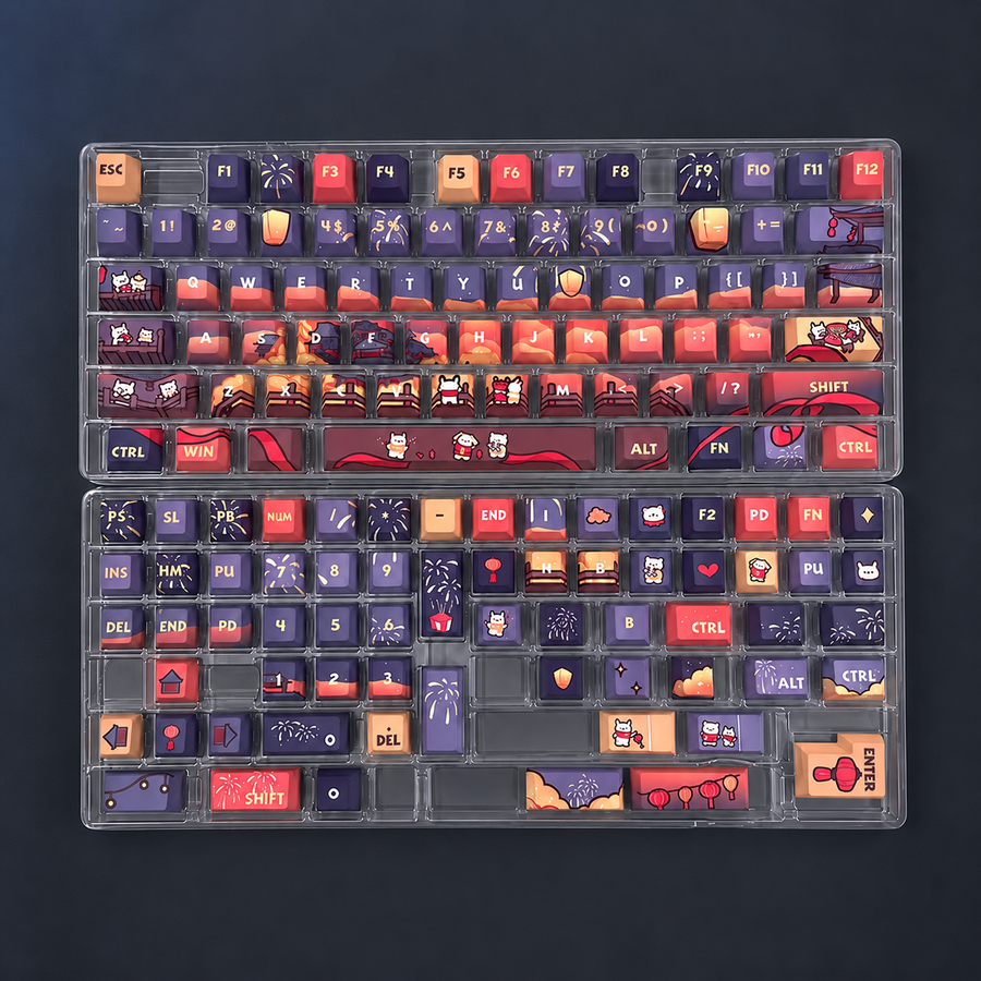 Firework Nights illustrated keycap set, complete kit shown in two trays.