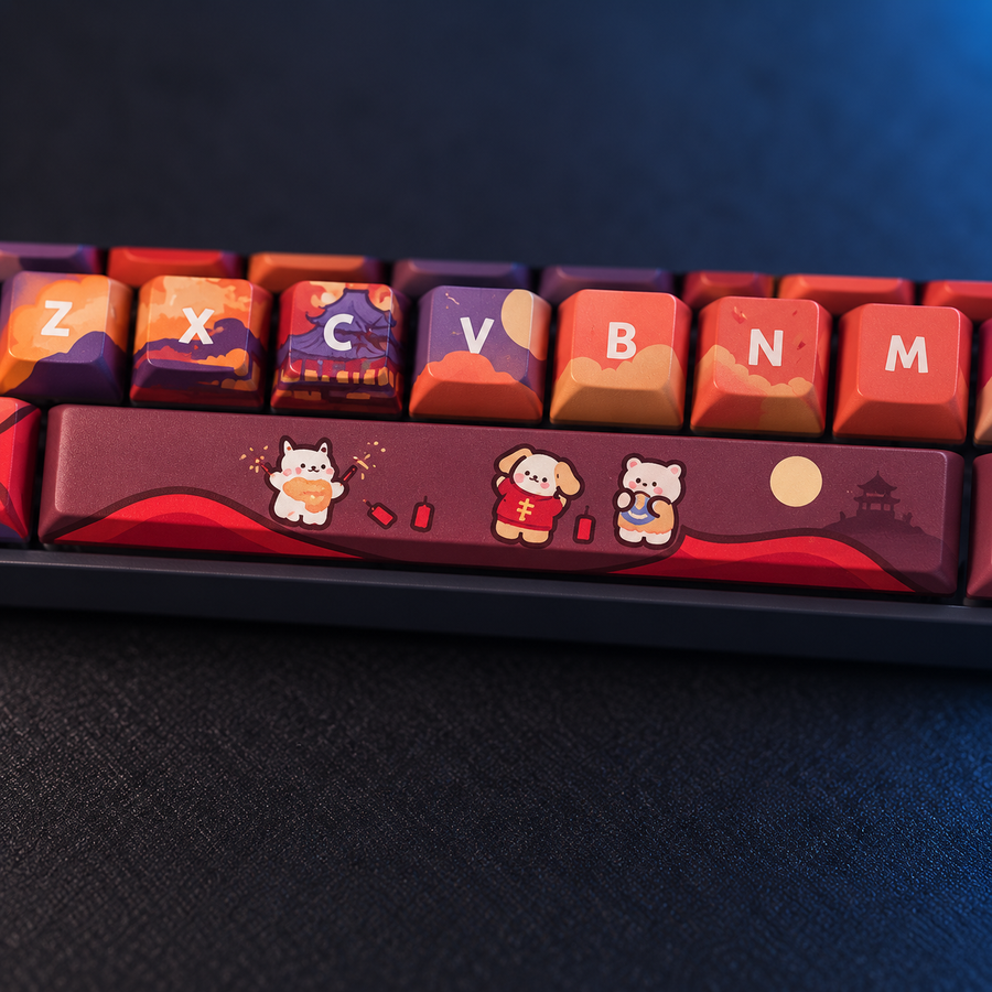 Firework Nights macro of the illustrated spacebar and warm orange and purple keys.