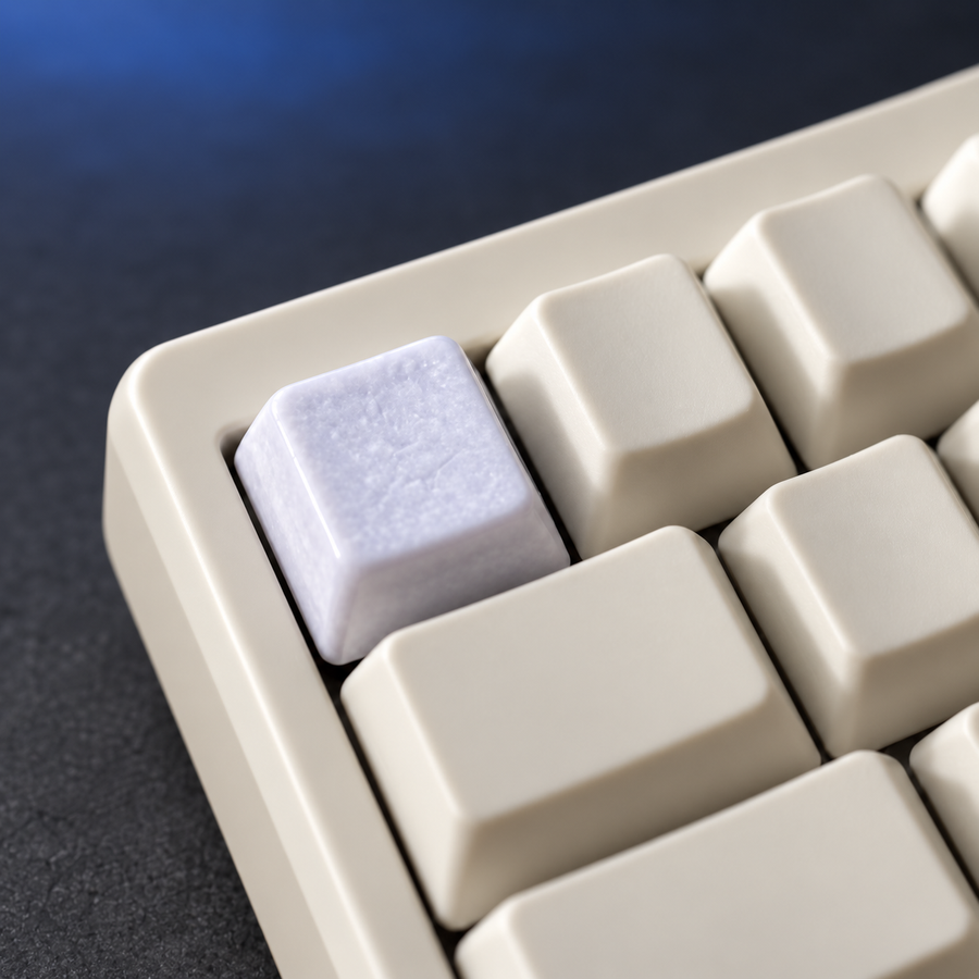 Glaze Accent ceramic keycap installed on a cream keyboard in a charcoal studio scene. Keyboard and other keycaps are not included.
