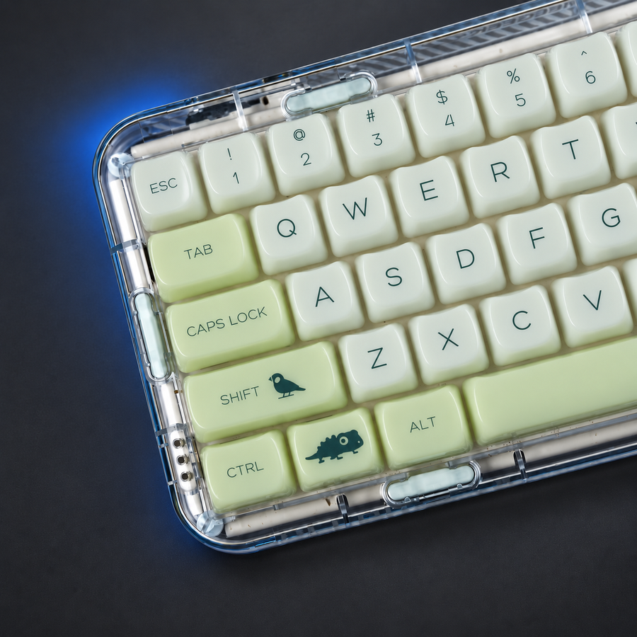 Jade Canopy pale green MAO keycaps in a charcoal studio setting. Keyboard shown for context, not included.