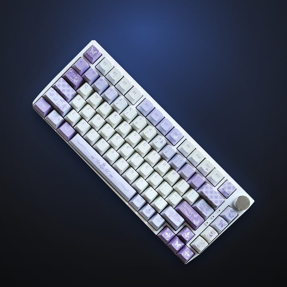 Lilac Wings keycap set on a keyboard. Keyboard not included.