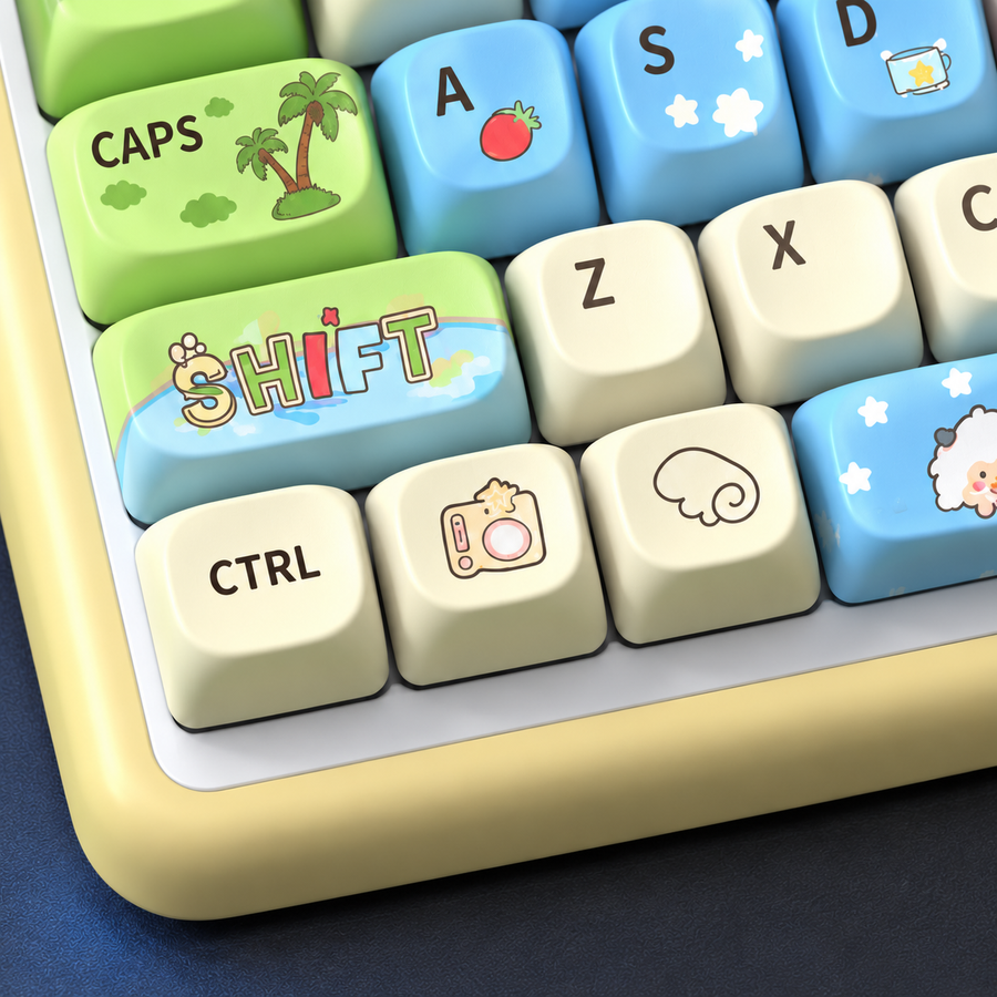 Close-up of Meadow Notes illustrated keys and rounded key tops.