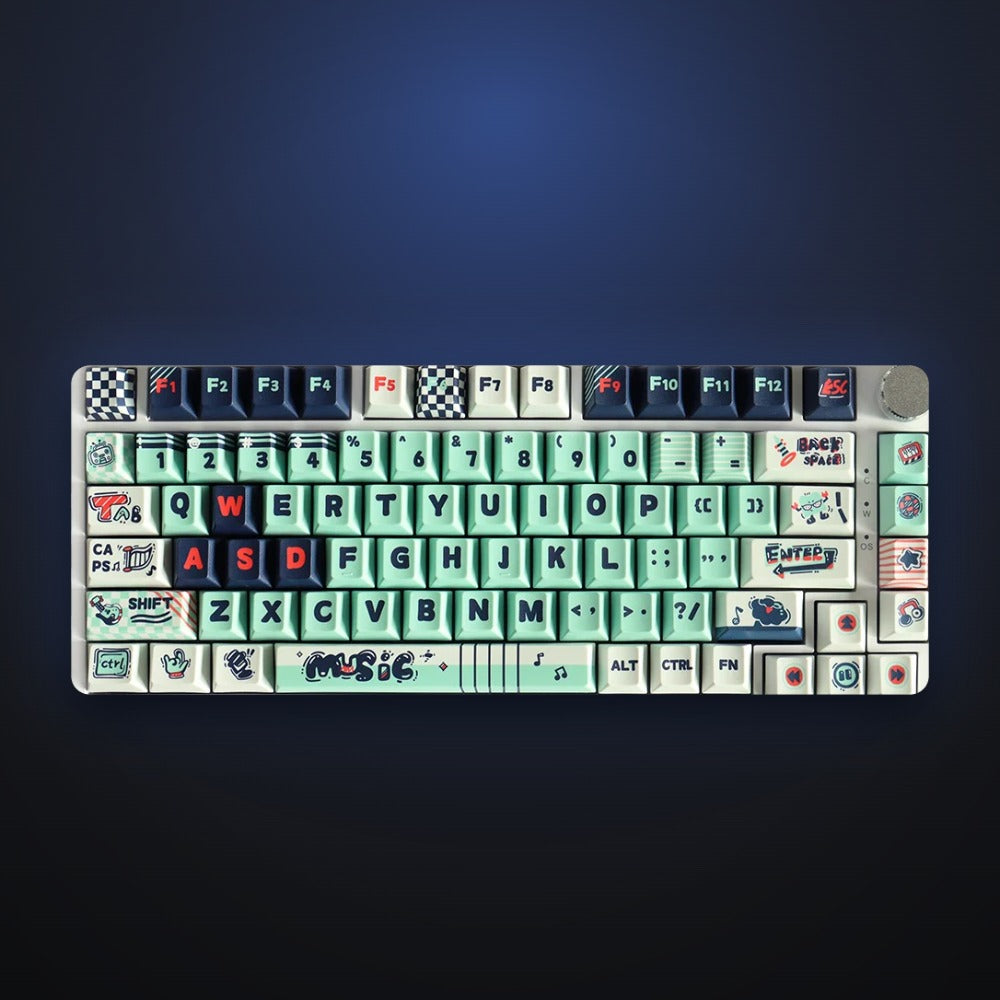 Mint Melody keycap set on a keyboard. Keyboard not included.