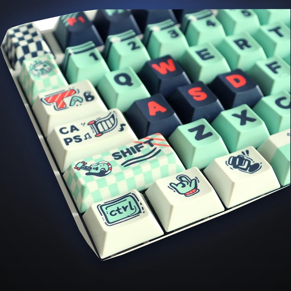 Close-up of Mint Melody mint and black keycaps. Keyboard not included.