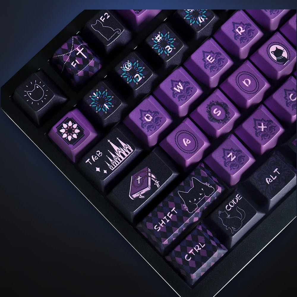 Close-up of Night Chapel purple and black keycaps. Keyboard not included.