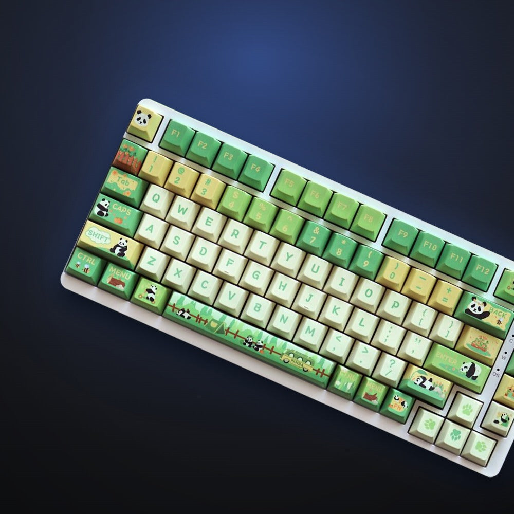 Panda Getaway keycaps with panda accents, angled view. Keyboard not included.