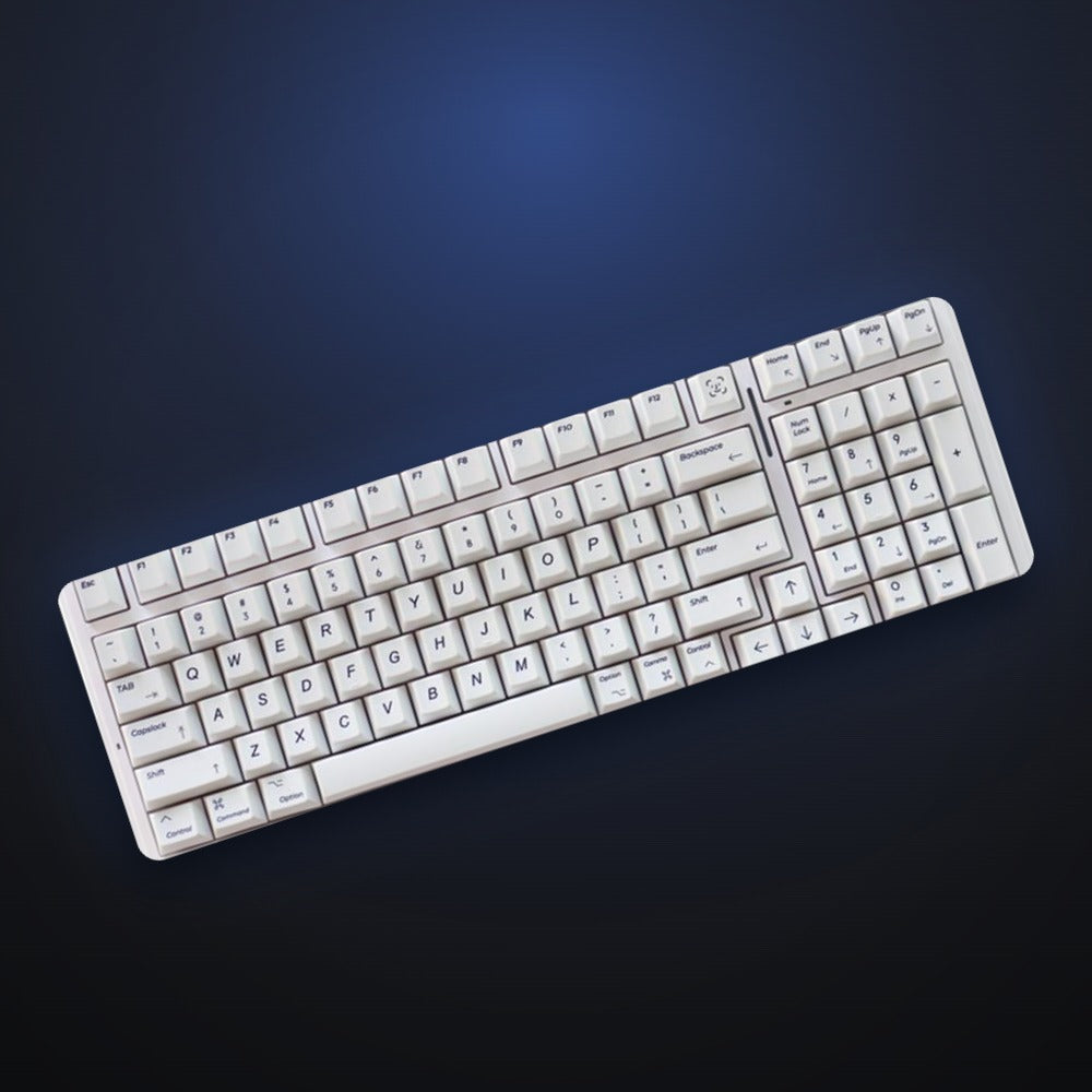 Angled view of Pure White keycaps on a keyboard. Keyboard not included.