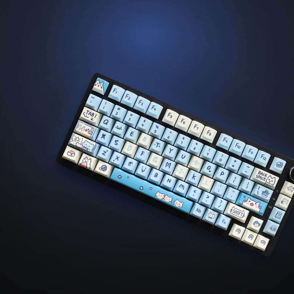Sky Kitten keycaps with cat accents, angled view. Keyboard not included.