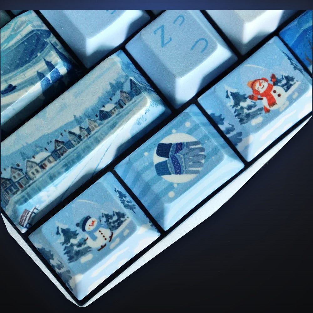 Close-up of Snowfall Village winter accent keys. Keyboard not included.