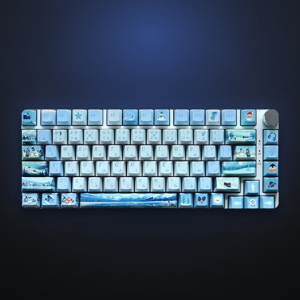 Snowfall Village keycaps on a keyboard, top view. Keyboard not included.