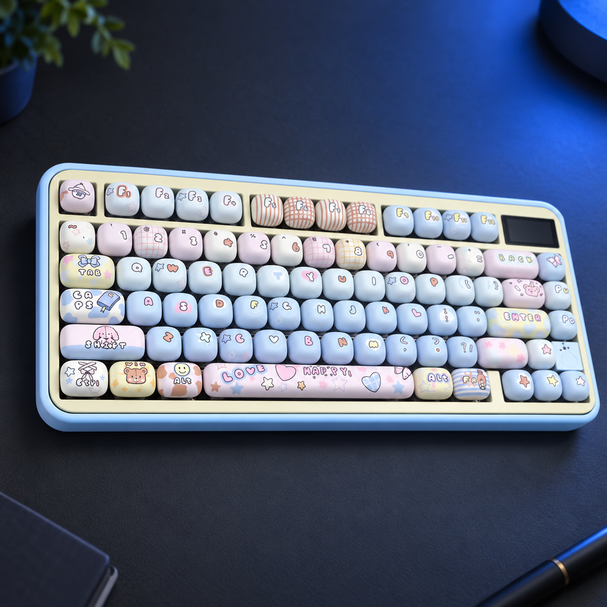 Playroom Blue rounded pastel keycaps with illustrated accents — full keyboard view; keyboard not included