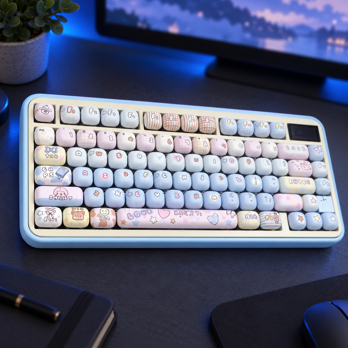 Playroom Blue pastel keycap set in a charcoal desk setup; keyboard and desk accessories not included